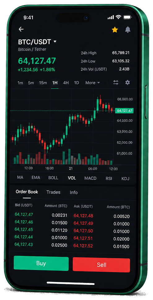 Interface mobile de trading Toscano Signal AI — cours BTC/USDT en temps réel, carnet d’ordres et outils de suivi des transactions